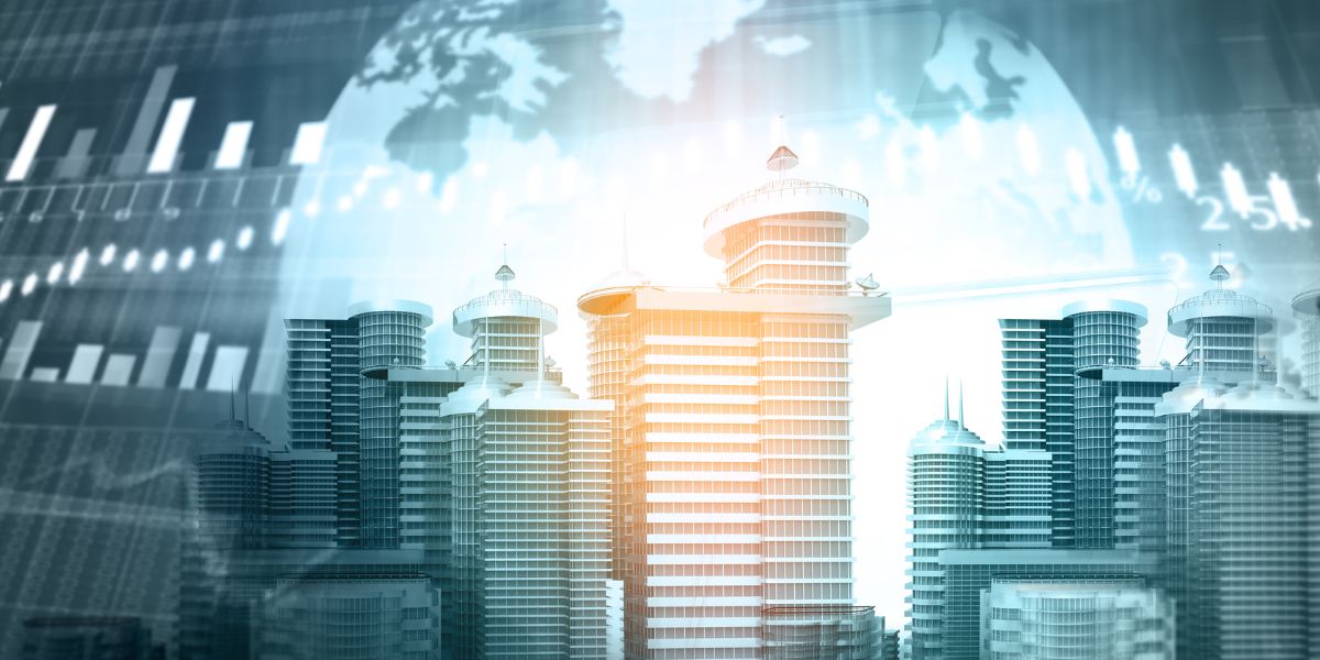 Modern city skyline with futuristic buildings and stock market graph overlay.