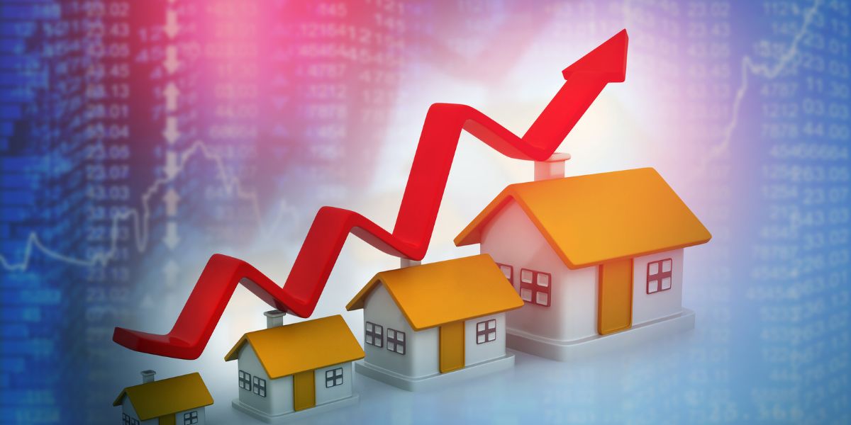 Red upward arrow rising over three model houses against a digital financial background, symbolizing real estate transaction software.