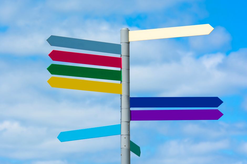 A minimalist signpost with three arrows pointing in separate directions against a clean sky, symbolizing the choice between the distinct SEO strategies of Moz, Ahrefs, and One Click GEO.